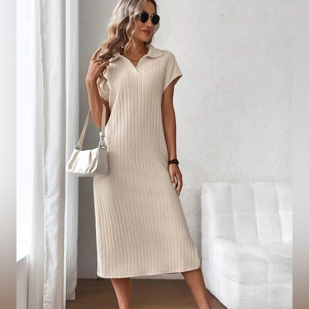 Beige Cream Ribbed Midi Dress - Picture 3 of 15